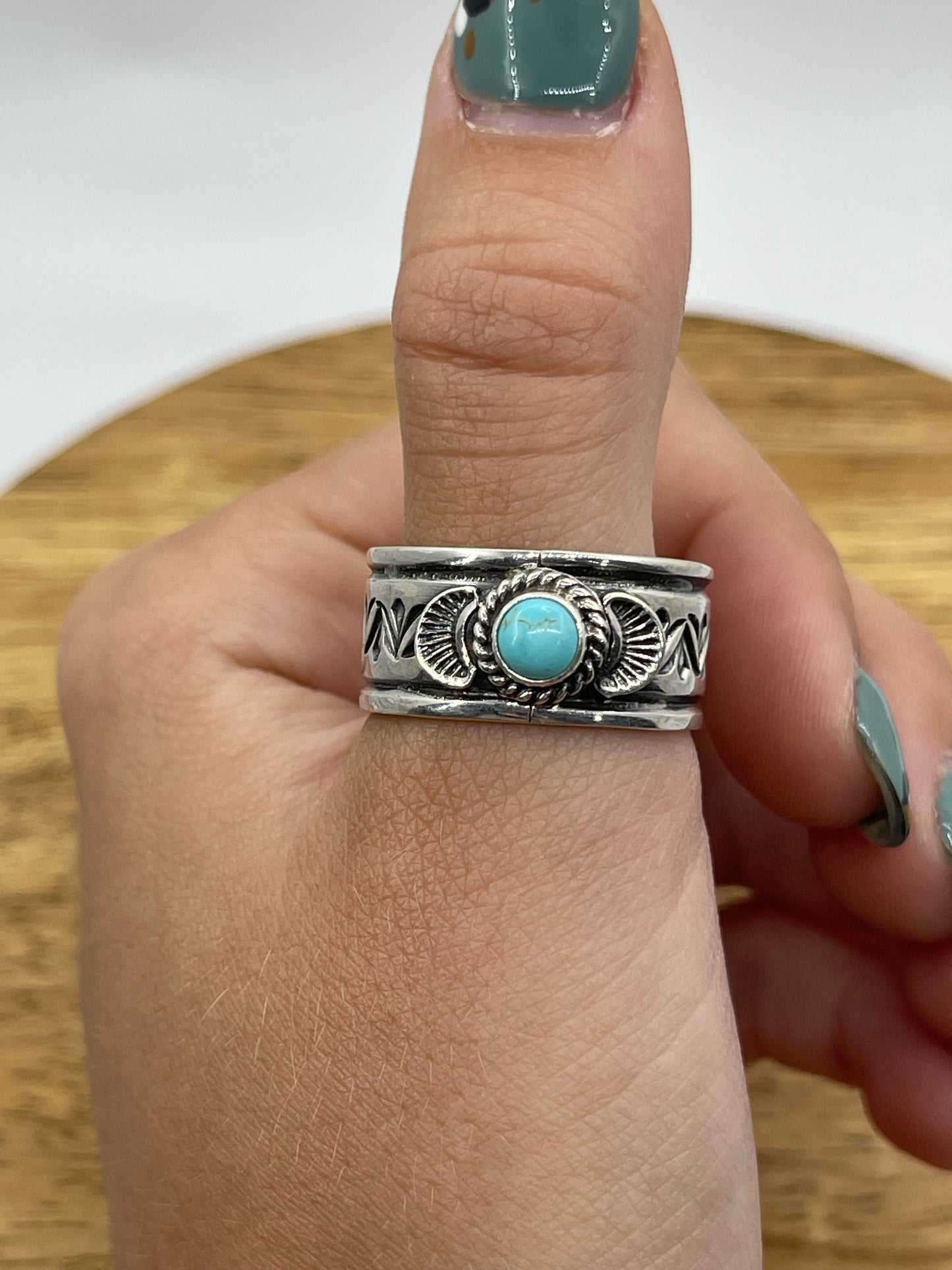 8.0 Turquoise Band Stamped Ring by Dylanee Reeves, Navajo