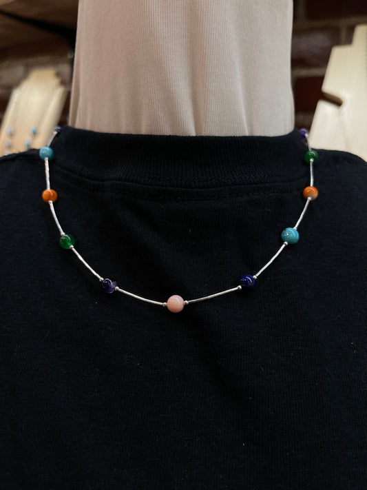 18" Multi Stone Rainbow Necklace and Liquid Silver