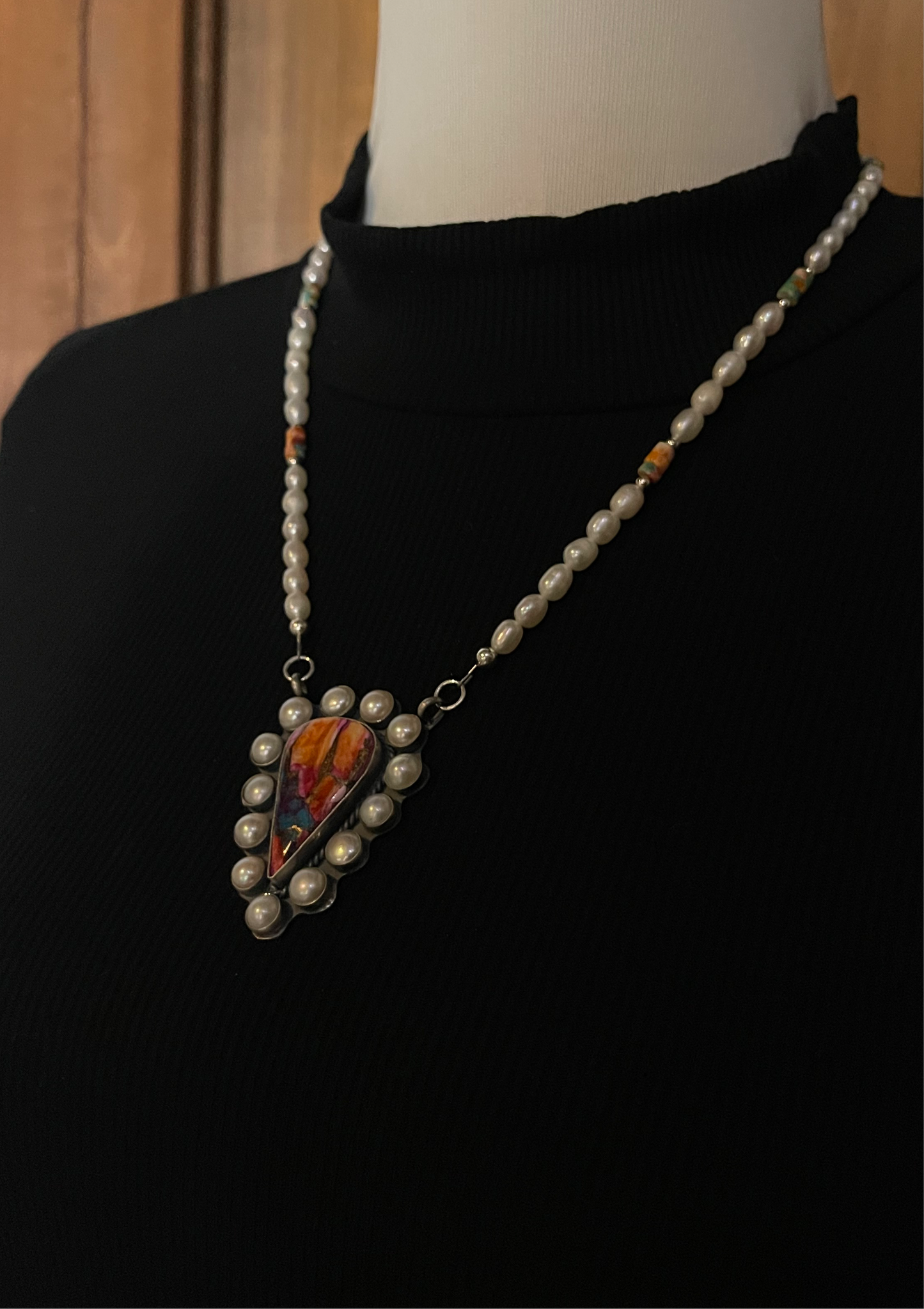 18" Pink Dahlia Necklace with Fresh Water Pearls by TT, Navajo