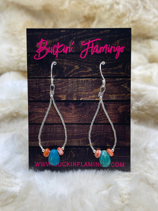 Turquoise & Spiny Oyster Shell on Liquid Silver Teardrop Dangle Earrings