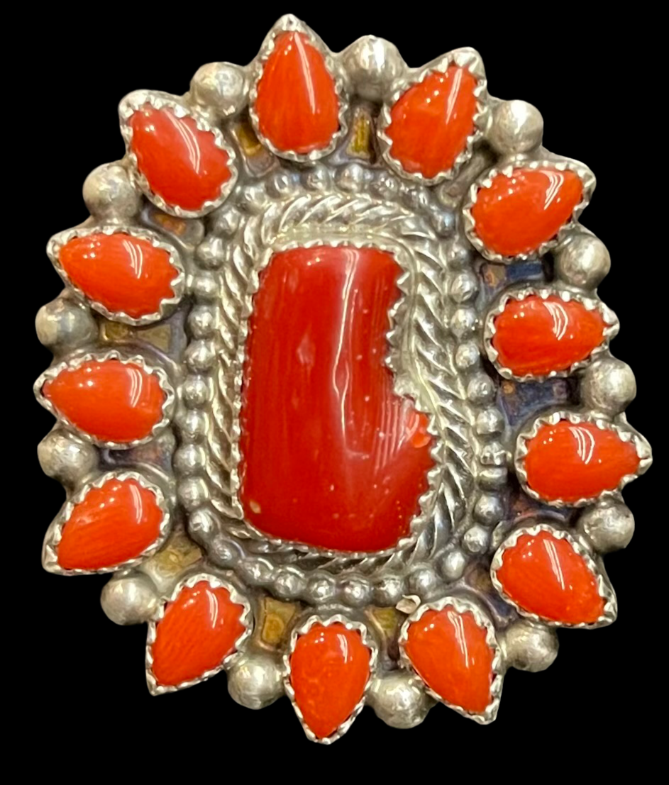 9.0 Red Coral Cluster Ring by Tom Lewis, Navajo