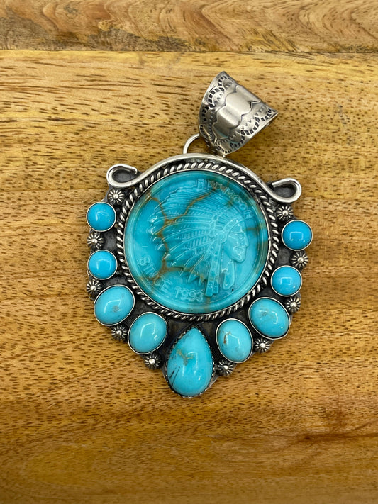 Carved Block Turquoise Chief Head Pendant