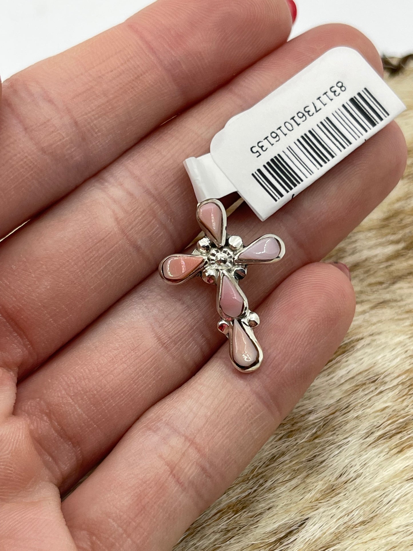 Pink Conch Shell Cross Pendant with a Shepard's Hook by Bryce Vacit, Navajo