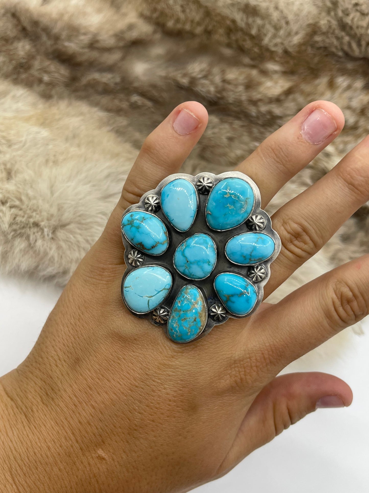 7.0-11.0 High Grade Kingman Turquoise Cluster Adjustable Ring by Gabby Jurado, Mexican