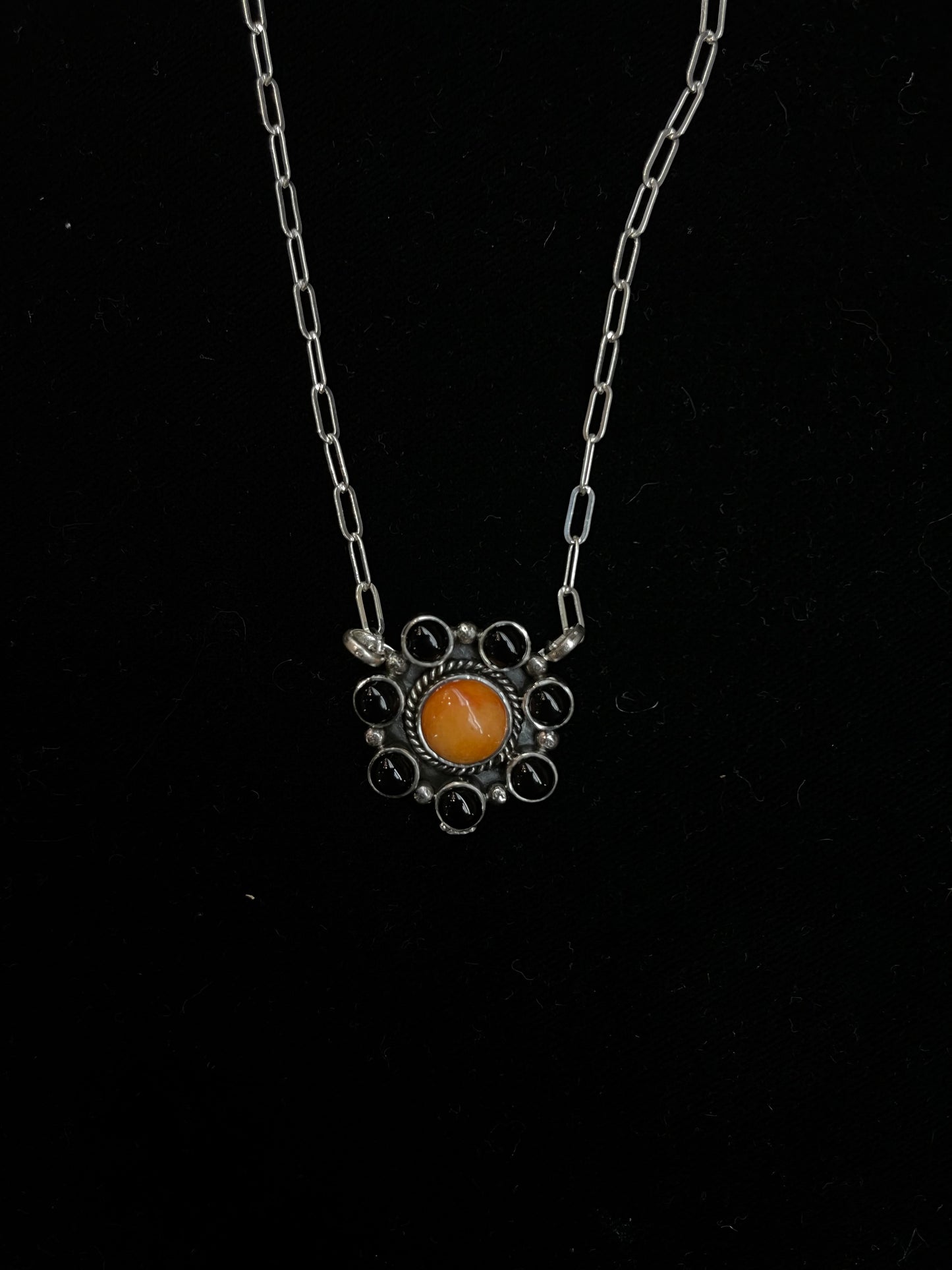16" Black Onyx and Orange Spiny Oyster Necklace