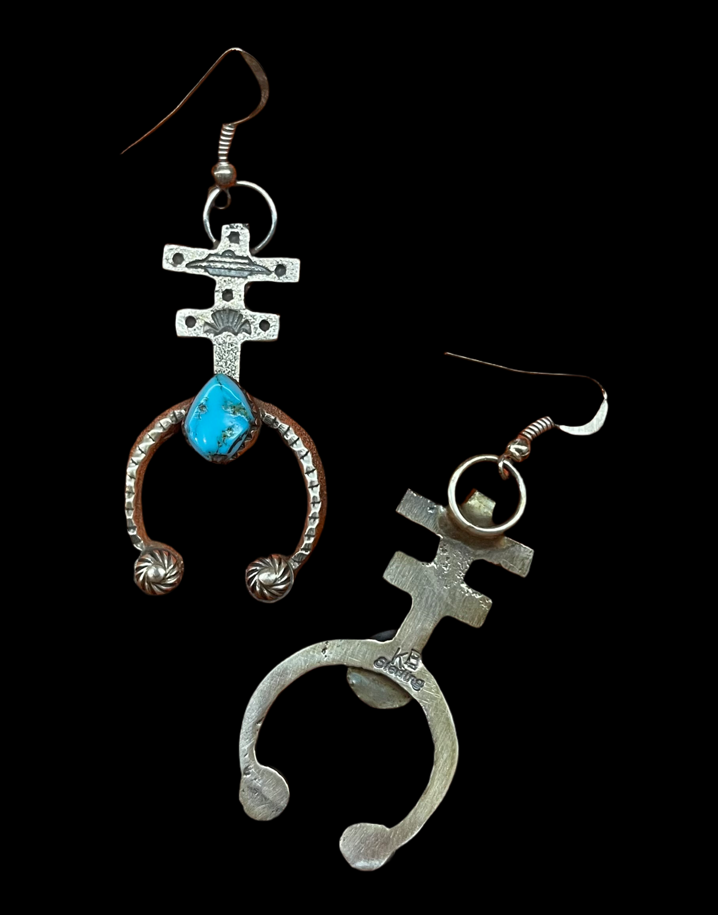 Kingman Turquoise Naja Dangle Earrings by Kevin Billah, Navajo