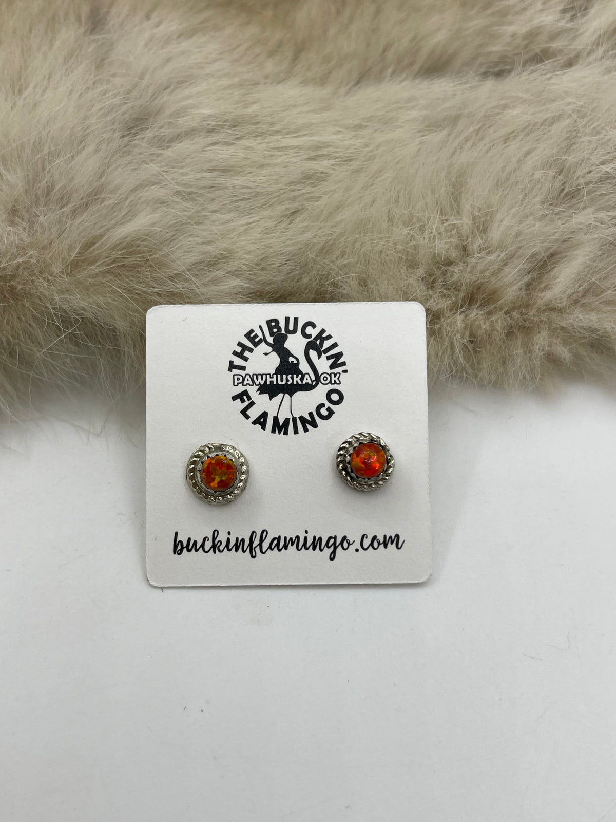 Round Orange Opal Post with Rope Border Earrings by M. Hannahweeke, Zuni