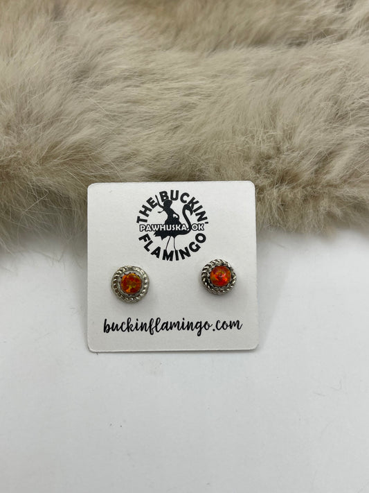 Round Orange Opal Post with Rope Border Earrings by M. Hannahweeke, Zuni