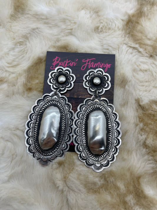Oval Amazing Stamped Double Concho Earrings by Leander Tahe, Navajo