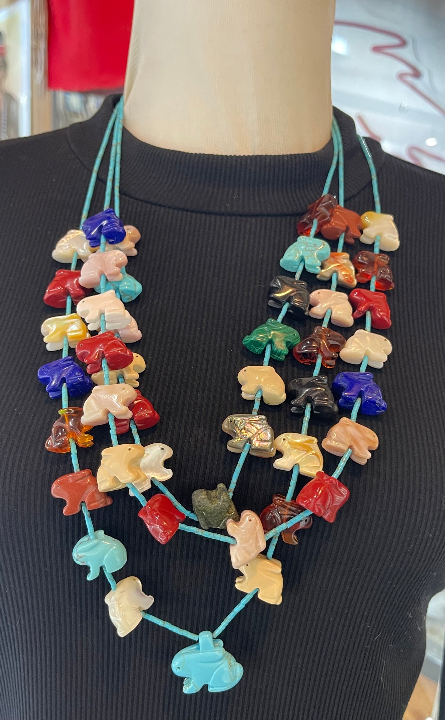 30" 3 Strand Rabbit Fetish Necklace Multi Stone, Navajo