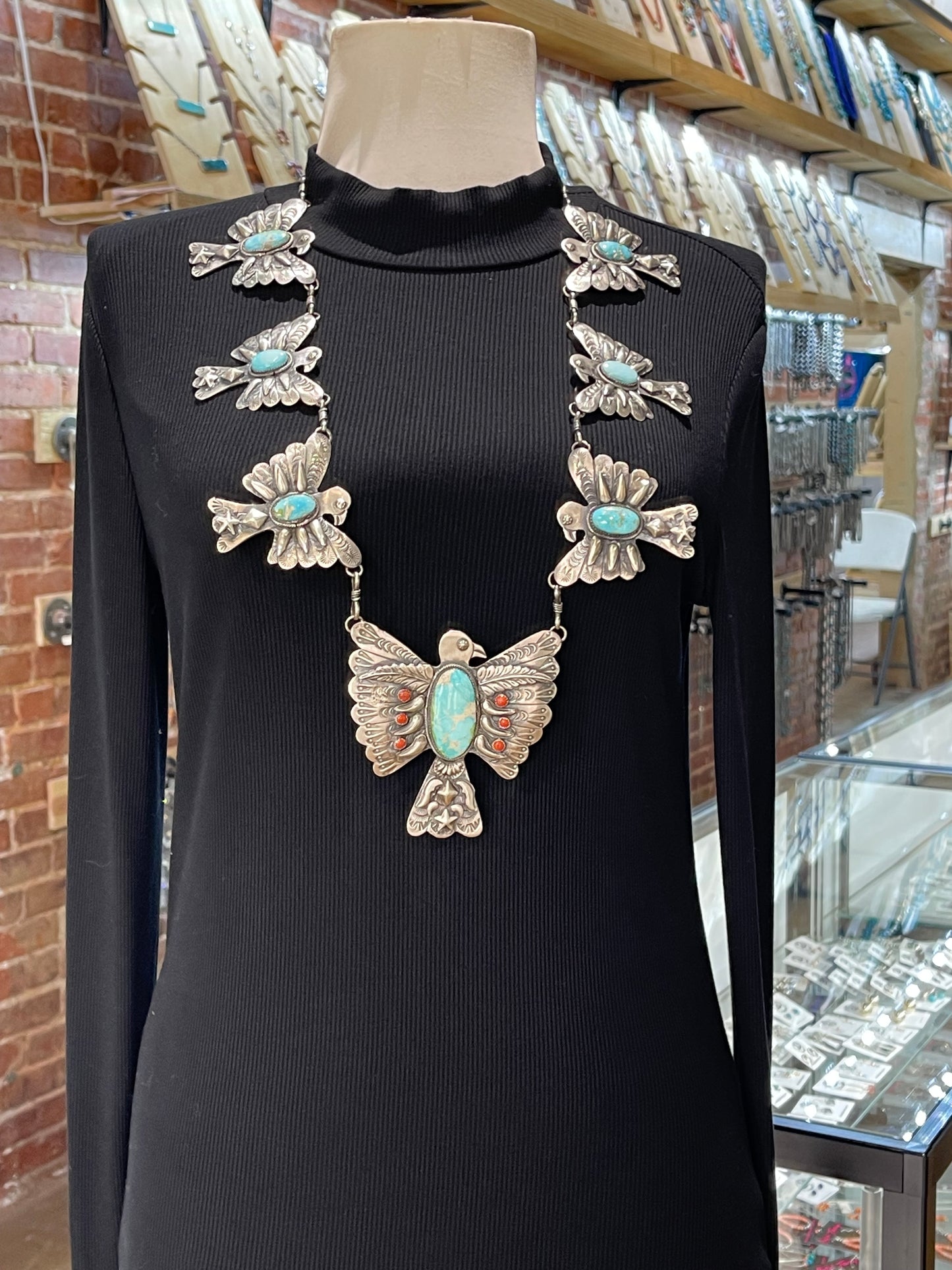 28" Sonoran Gold Turquoise with Red Coral Thunderbird Necklace