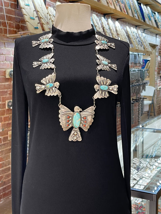 28" Sonoran Gold Turquoise with Red Coral Thunderbird Necklace