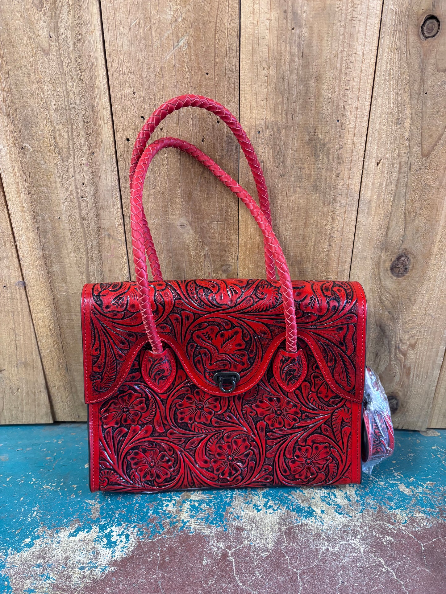 Red Flower Tooled Handbag Purse