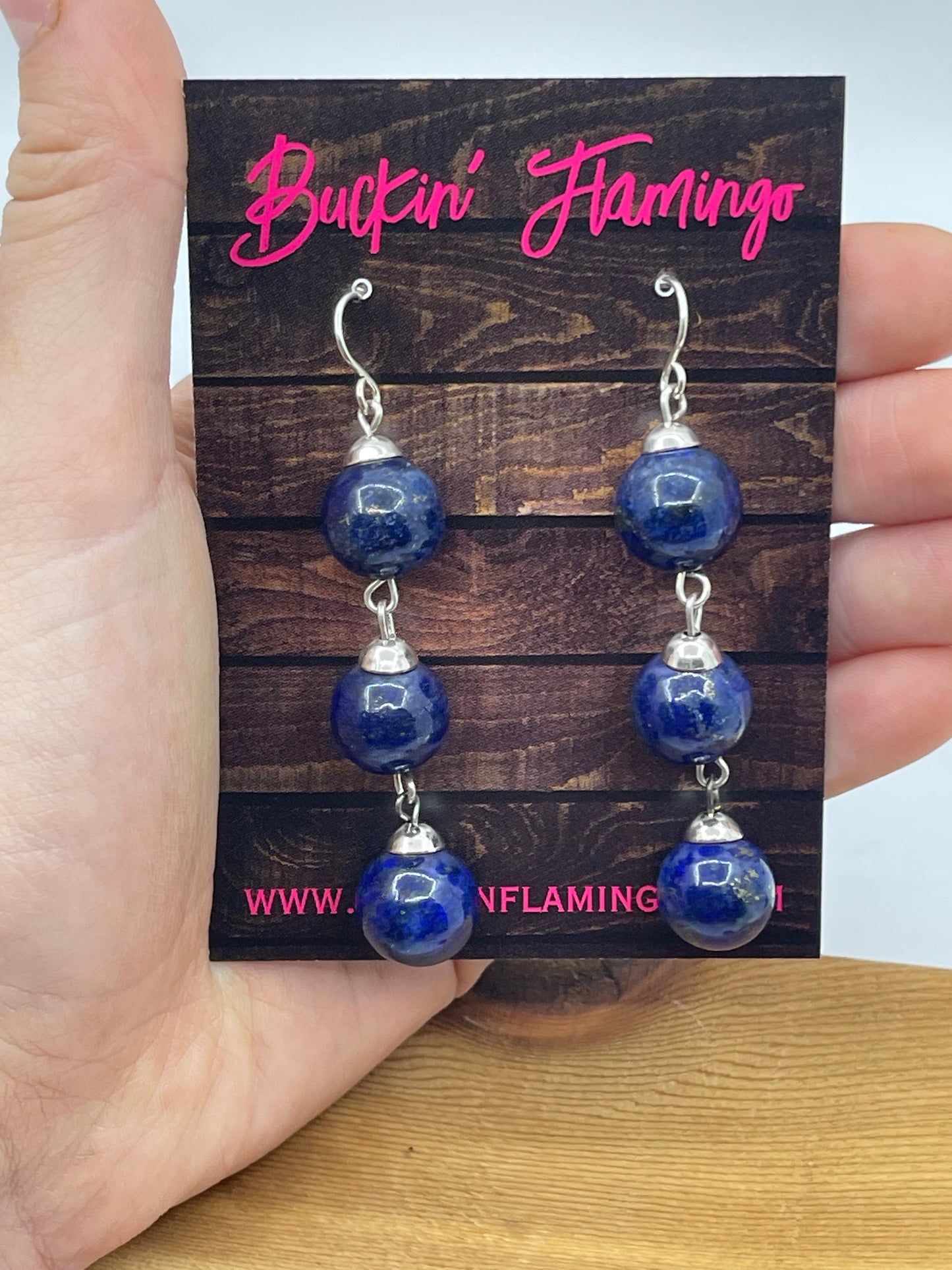 12.6mm 3 Stone Lapis Dangle Earrings
