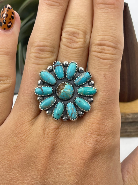 9.5 Kingman Turquoise Cluster Ring by Cordell Wilson, Navajo
