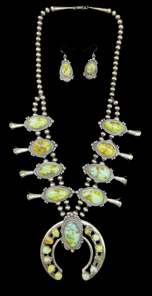 24" Palomino Turquoise Squash Blossom and Earring Set by Tom Lewis, Navajo