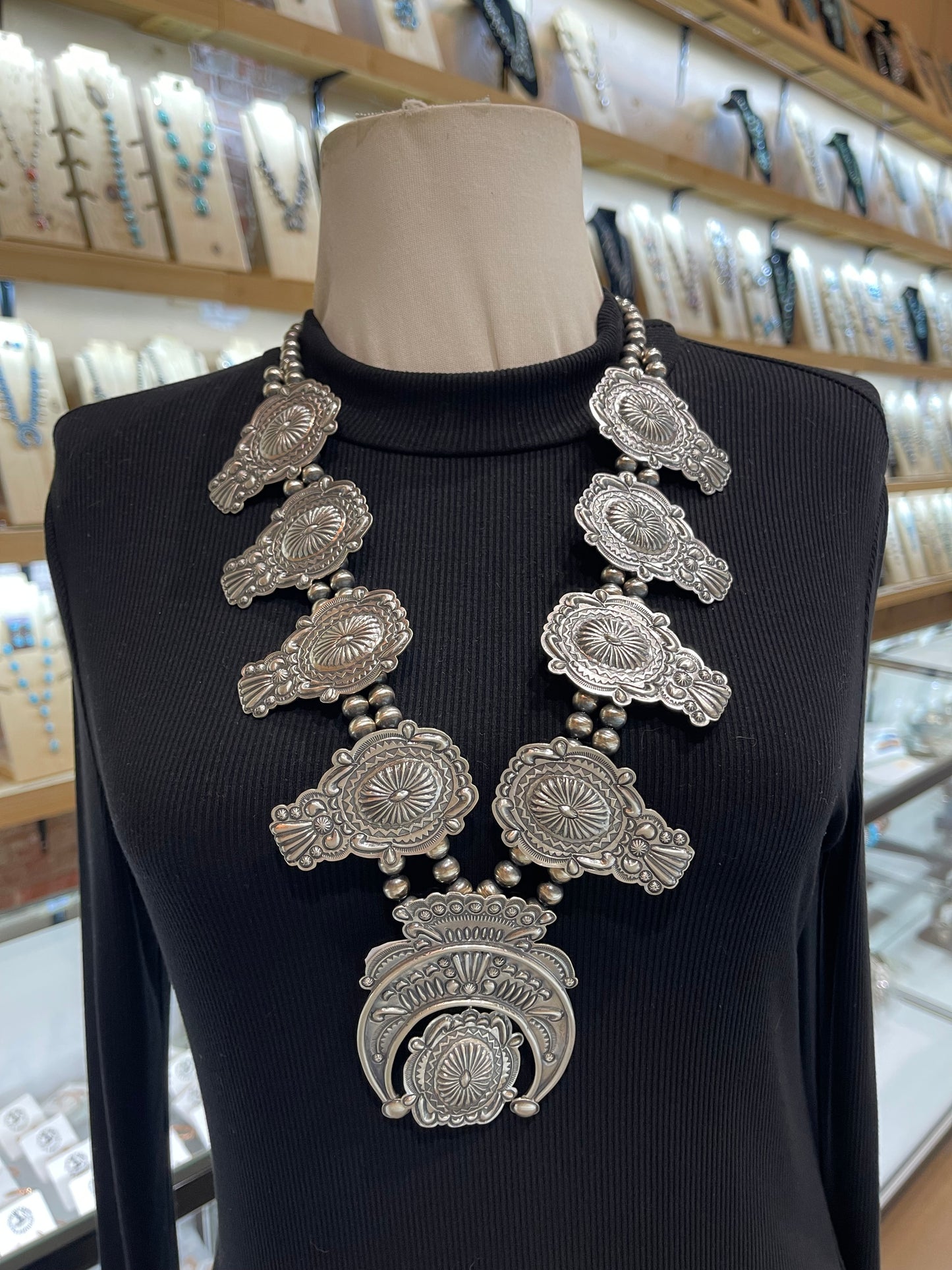 28" All Silver Squash Blossom Concho Necklace by Terry Charley, Navajo