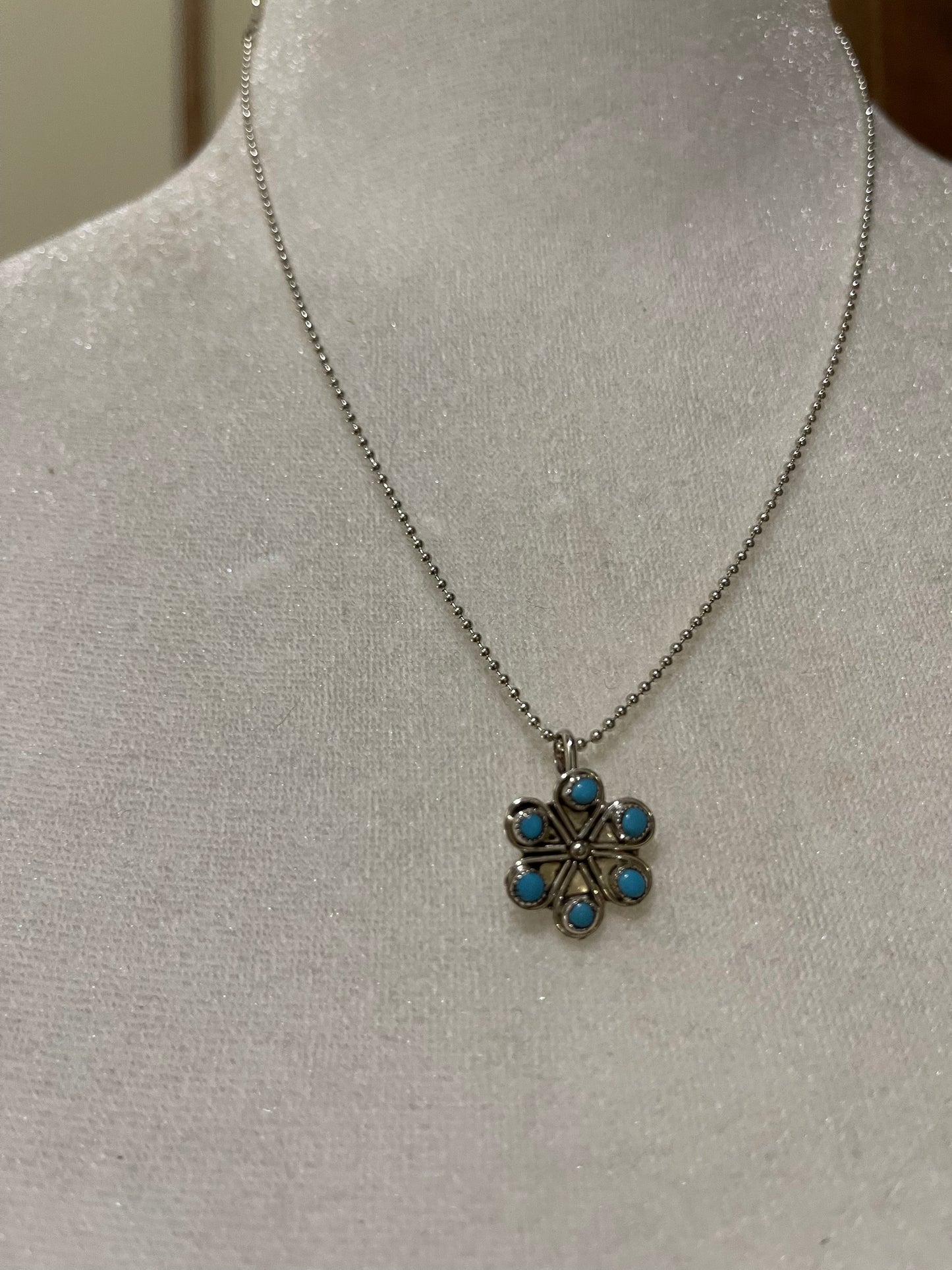 18" Turquoise Flower Pendant Necklace by Herbert Lastiyano, Zuni