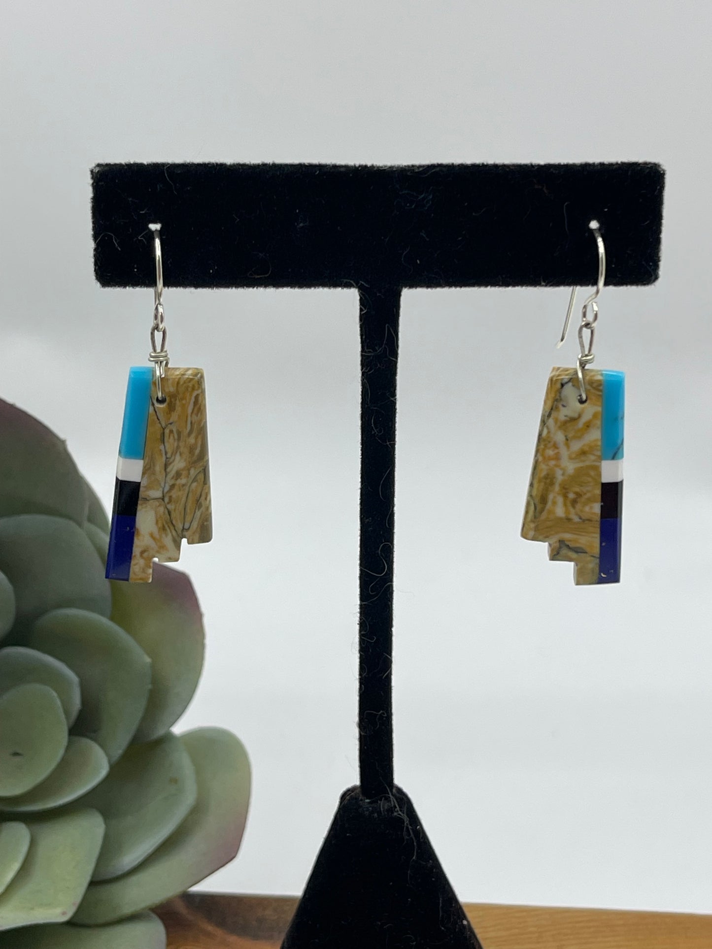 2" Boulder Ribbon Turquoise, Lapis, and Black Onyx Dangle Earrings