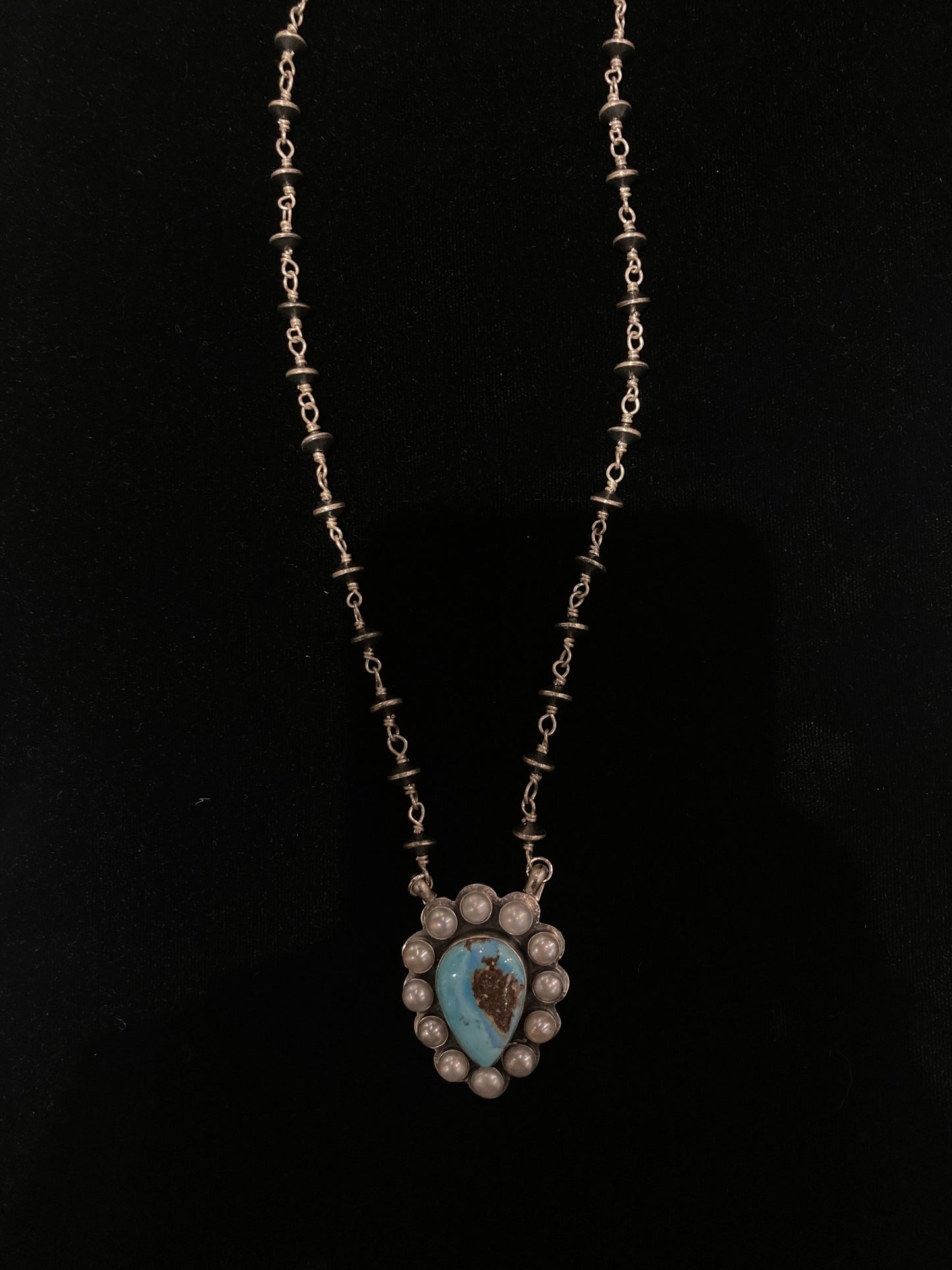 17" Golden Hill Turquoise and Freshwater Pearls Teardrop Necklace with Navajo Saucer Pearls by Kevin Billah, Navajo