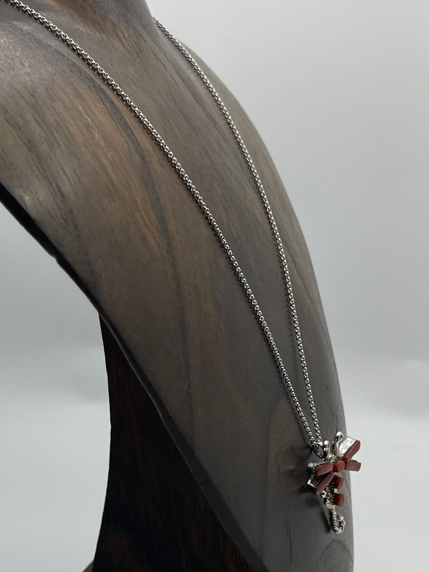 18" Red Coral Dragonfly Necklace by Jason Neha, Zuni