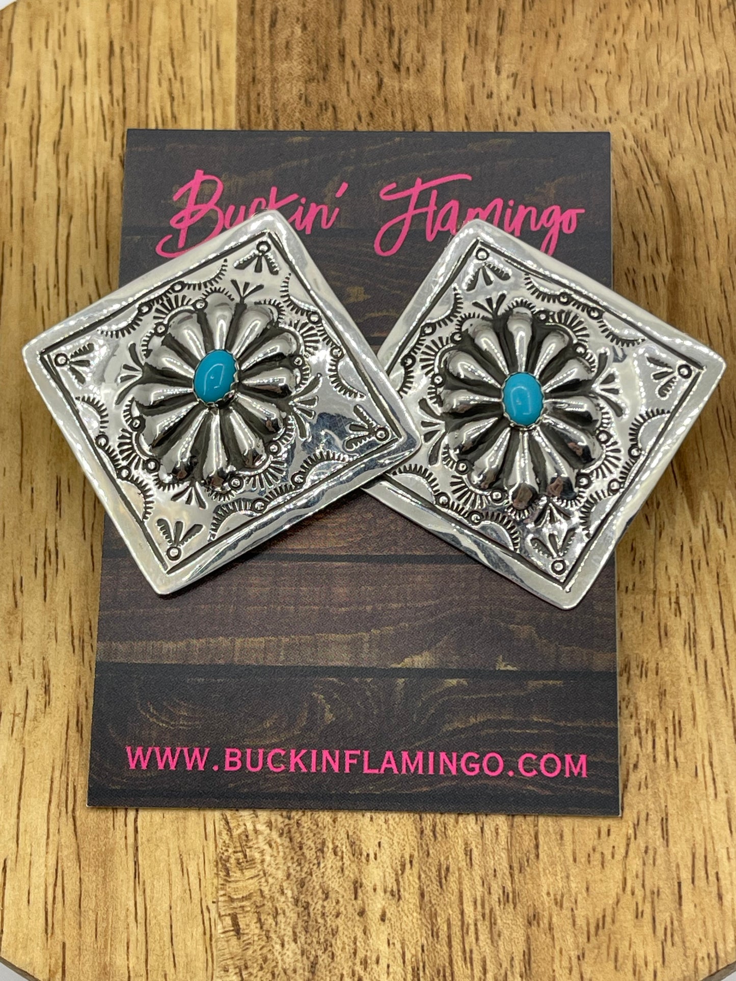 Concho Turquoise Post Square Earrings by Genevieve Blackgoat, Navajo
