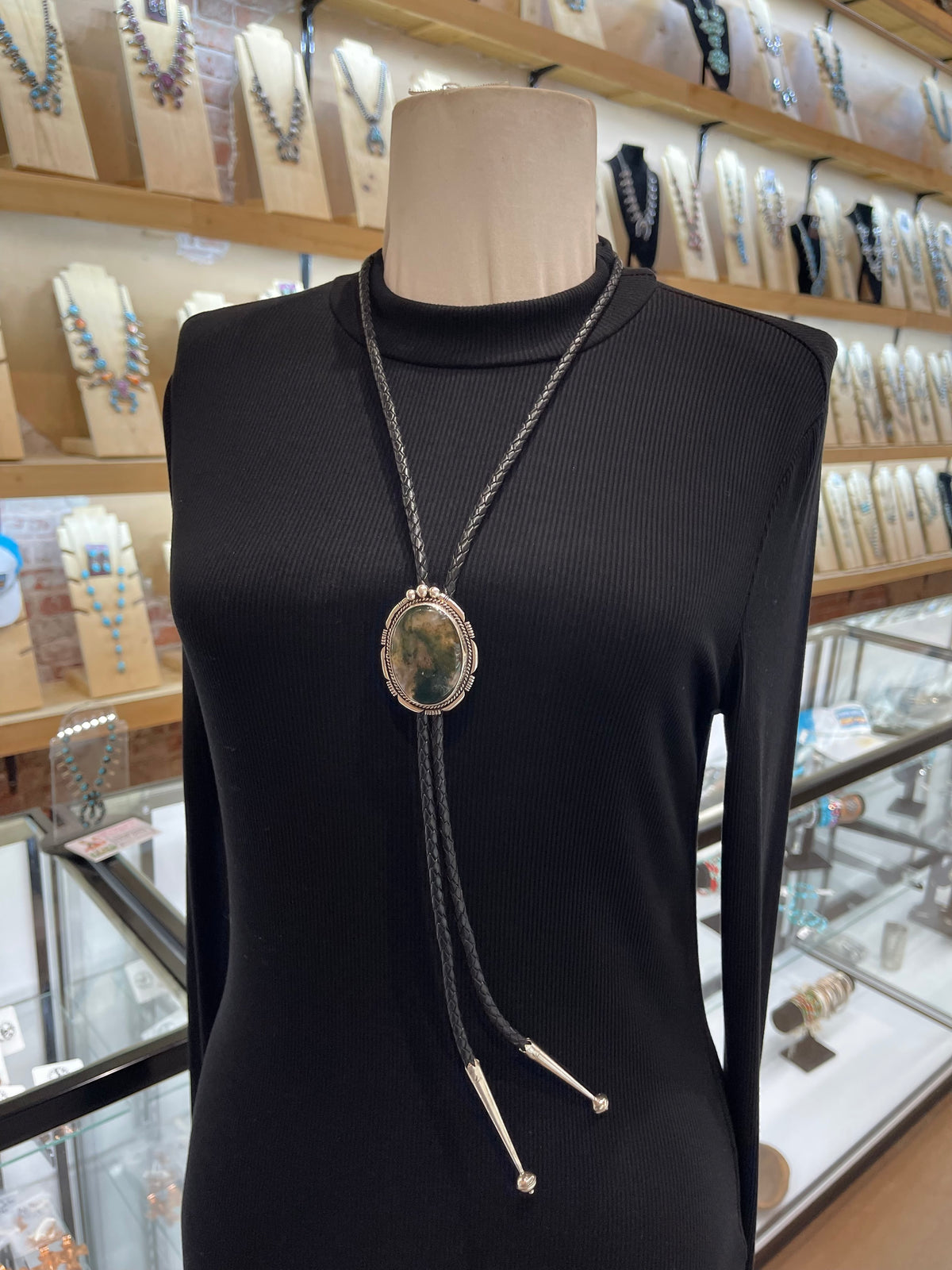 Moss Agate Bolo Tie by Joelias Draper, Navajo