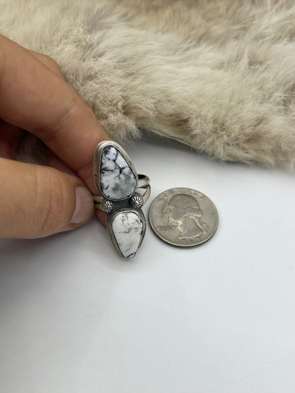 7.5 Semi Adjustable 2 Stone White Buffalo Ring by Boyd Ashley, Navajo
