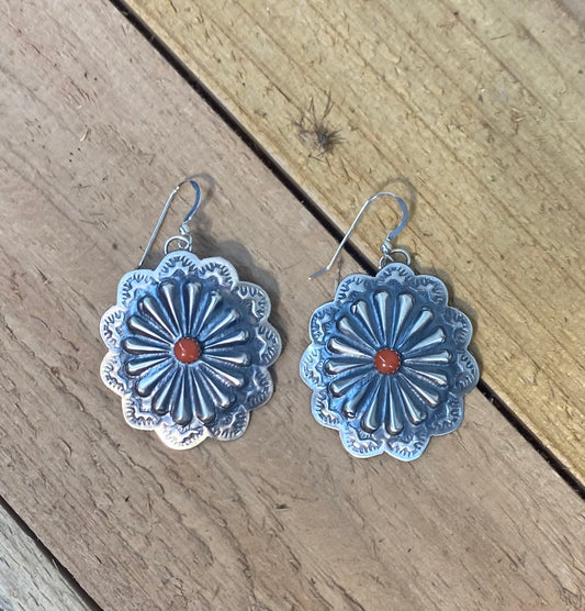 Hand Stamped Sterling Silver Concho with Coral Dangle Earrings by Rita Daye