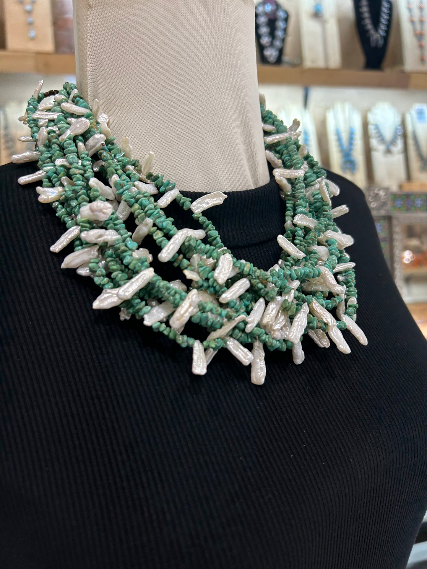 21" Royston Turquoise & Fresh Water Pearl 12 Strand Necklace