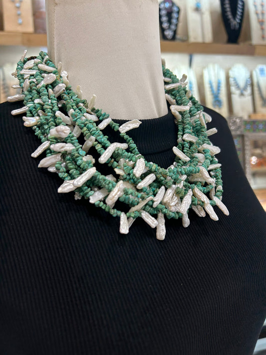 21" Royston Turquoise & Fresh Water Pearl 12 Strand Necklace