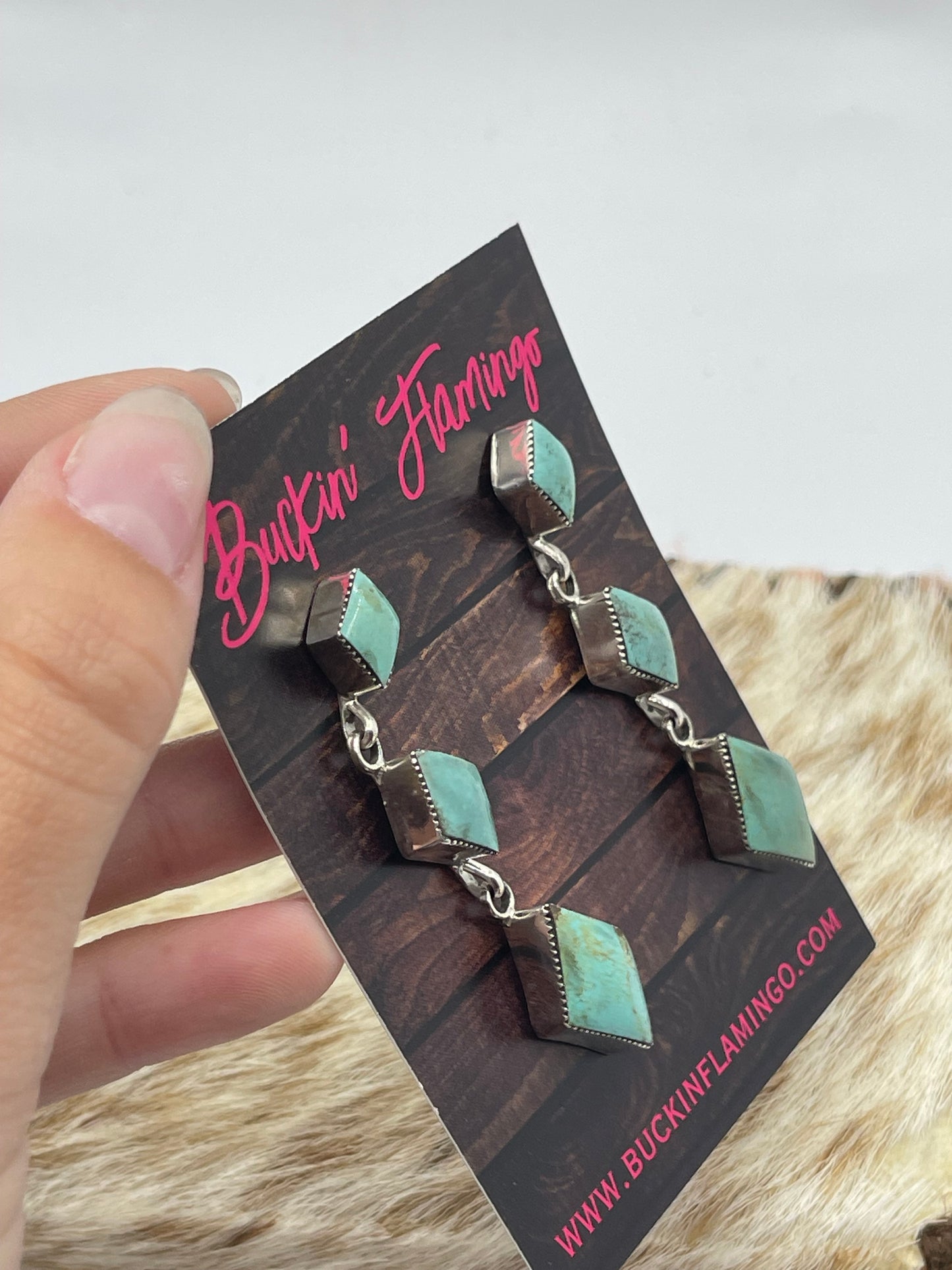 3 Stone Kingman Turquoise Diamond Shaped Post Dangle Earrings by Jimson Belin, Navajo