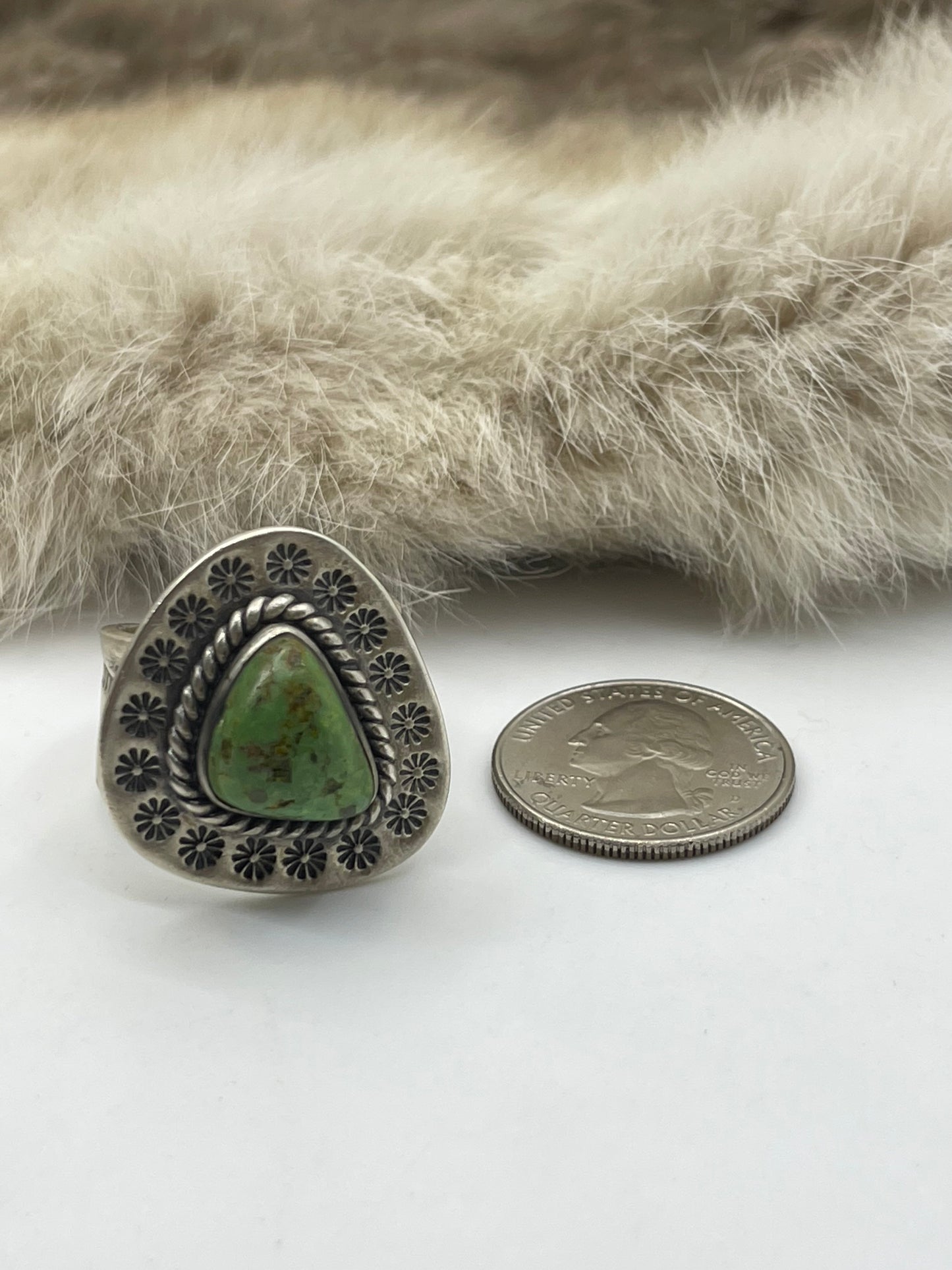 Adjustable 8.0-10.0 Green Turquoise Ring with Stamped Border Heavy Silver