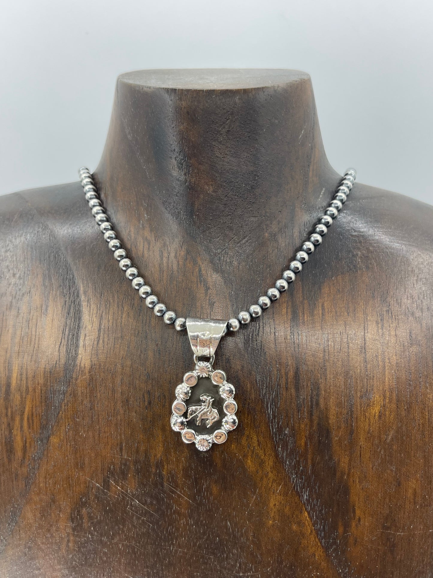 18" 4mm Navajo Pearls Necklace with Silver Trail Rider Pendant by Daniel Dakai, Navajo