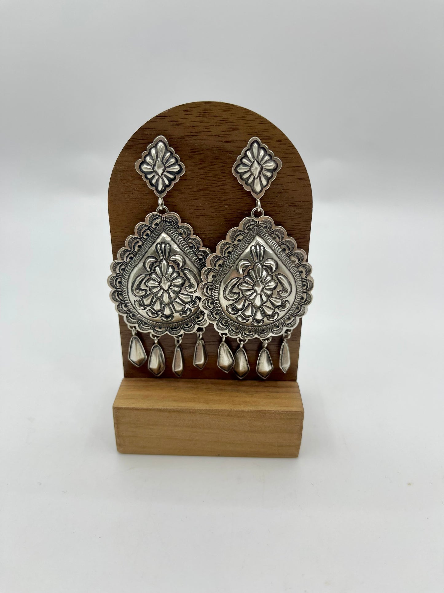 Stamped Teardrop Dangly Earrings With Silver Fringe By Terry Charlie, Navajo