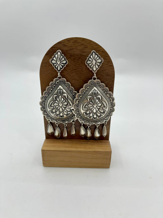 Stamped Teardrop Dangly Earrings With Silver Fringe By Terry Charlie, Navajo