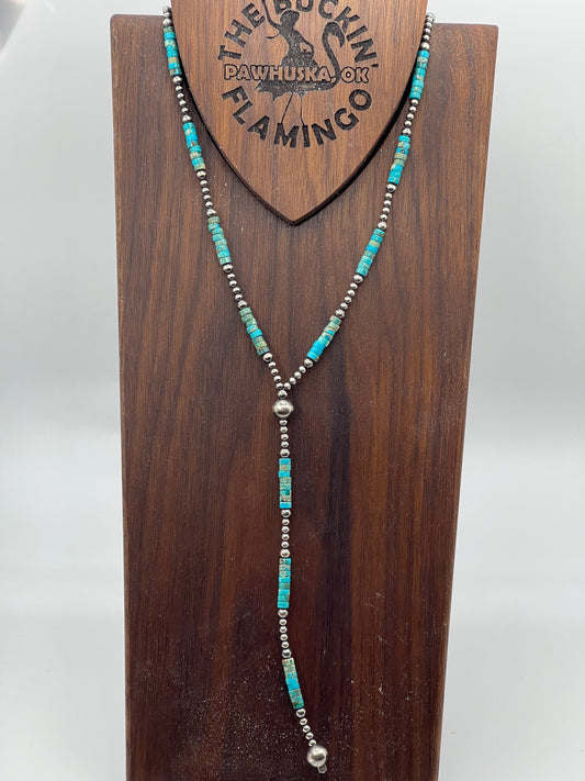 LOT 92 11/16 18"+5" Turquoise and Navajo Pearls Lariat Necklace