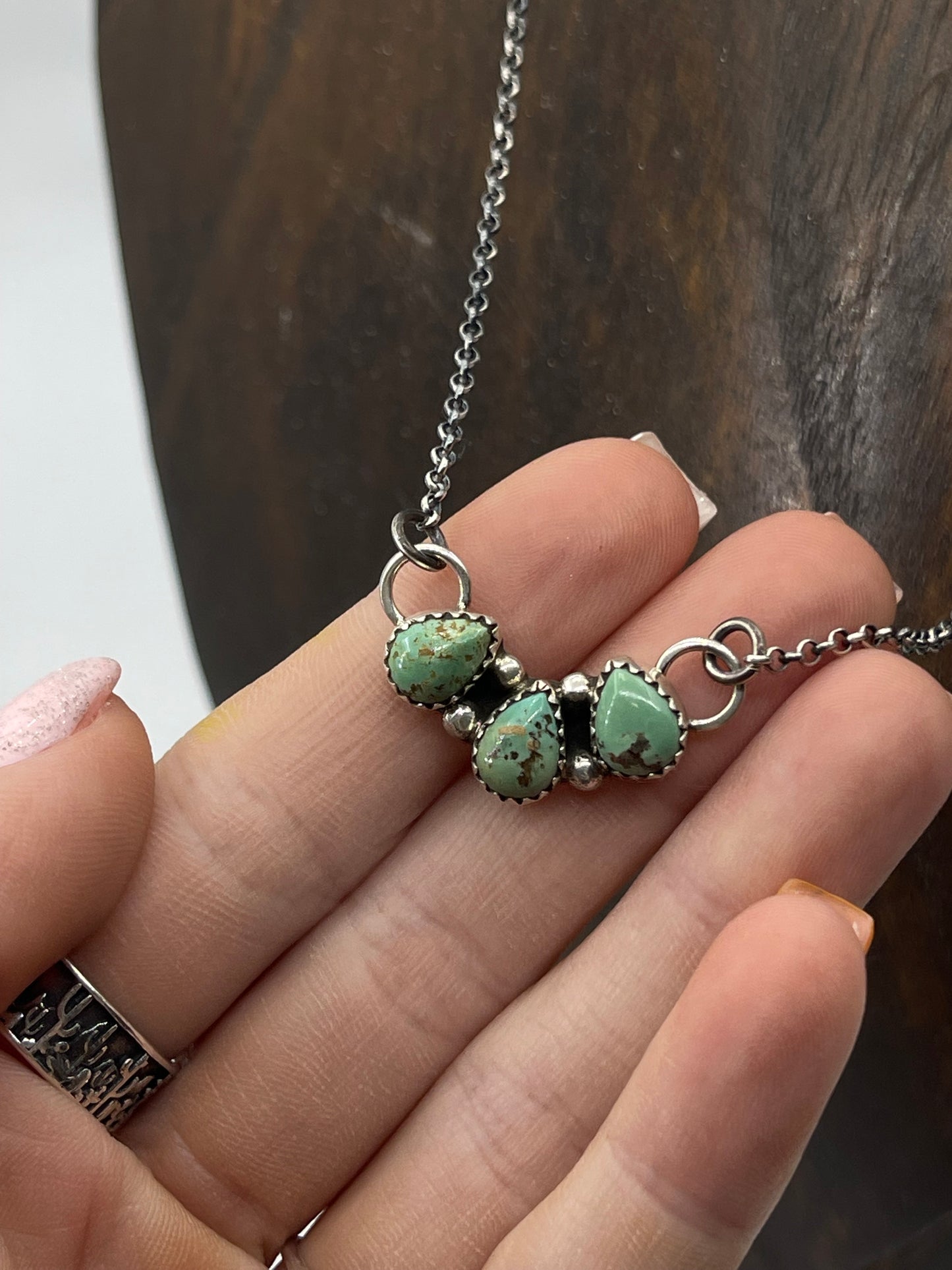 17" 3 Stone Green Kingman Turquoise Necklace by Maxine Ramirez, Navajo