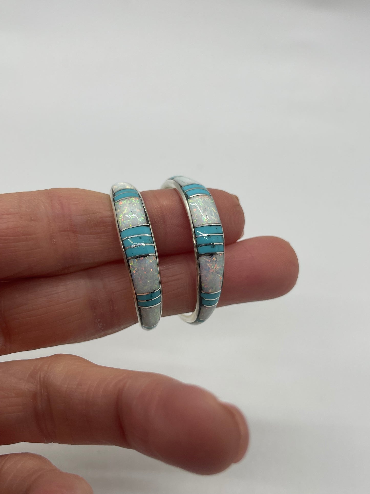 Turquoise and White Opal Inlay Half Hoop Post Earrings by Kerrie Peina, Zuni
