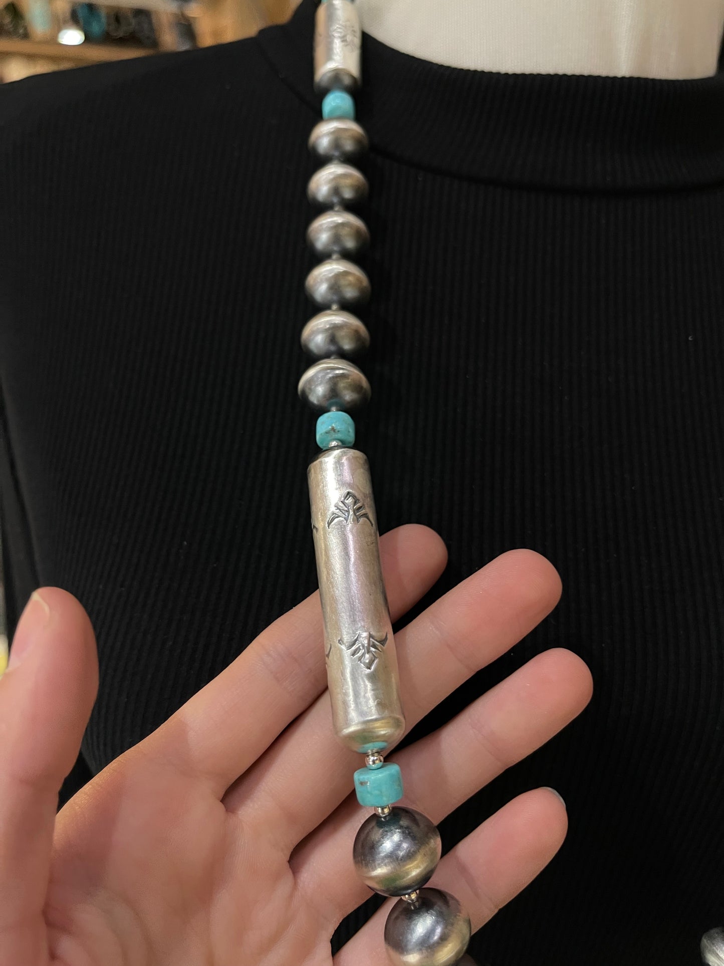 32" 15mm Handmade Navajo Pearl with Turquoise Necklace and Dangle Earrings Set by Sharon Cooley, Navajo