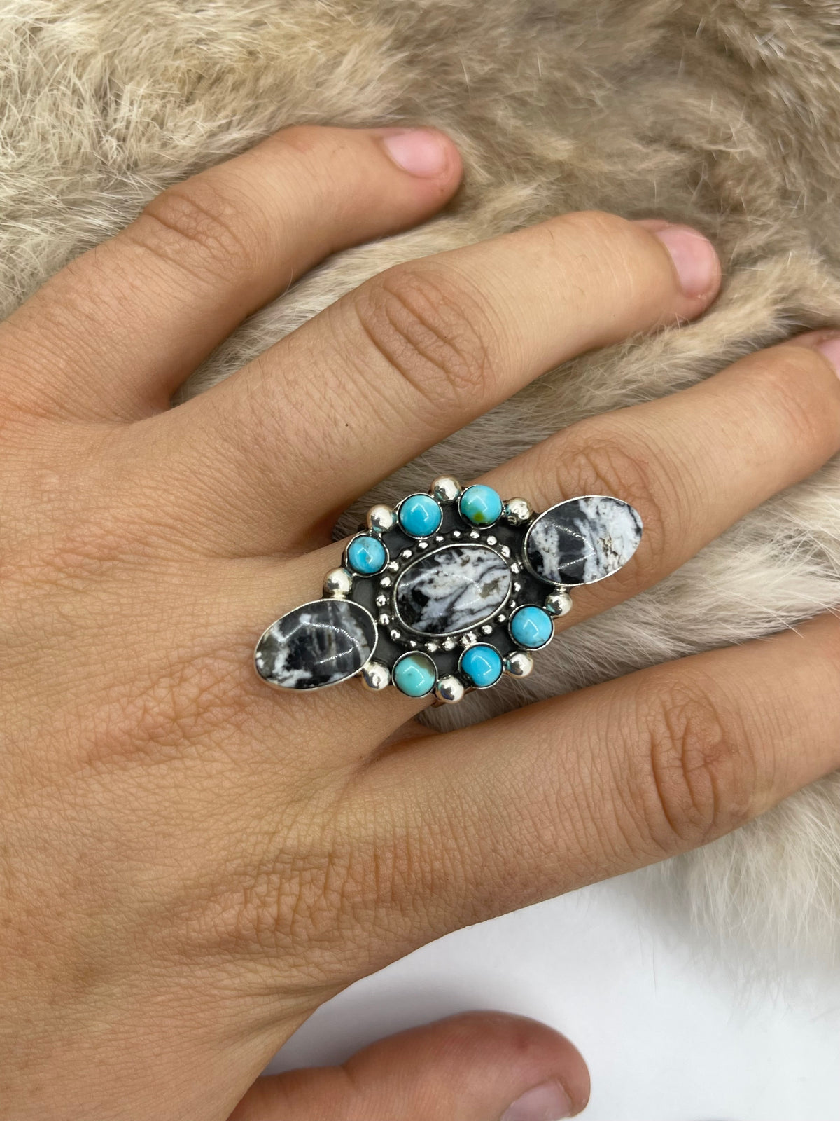 11.0 White Buffalo & Sleeping Beauty Turquoise Ring by David Lopez, Navajo