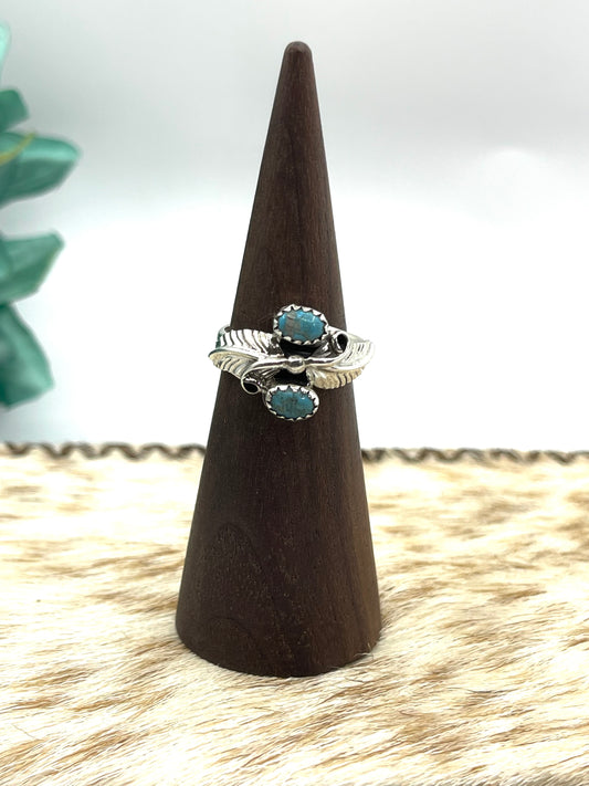 7.0 2 Stone Turquoise & Feather Ring By Harry B Yazzie