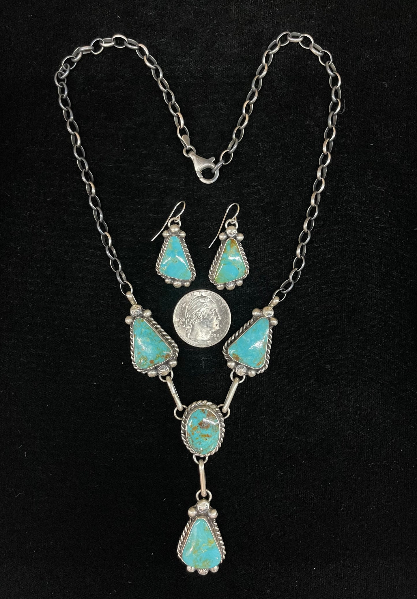 Kingman Turquoise Lariat Style Necklace with Triangle Dangle Earrings by Augustine Largo, Navajo