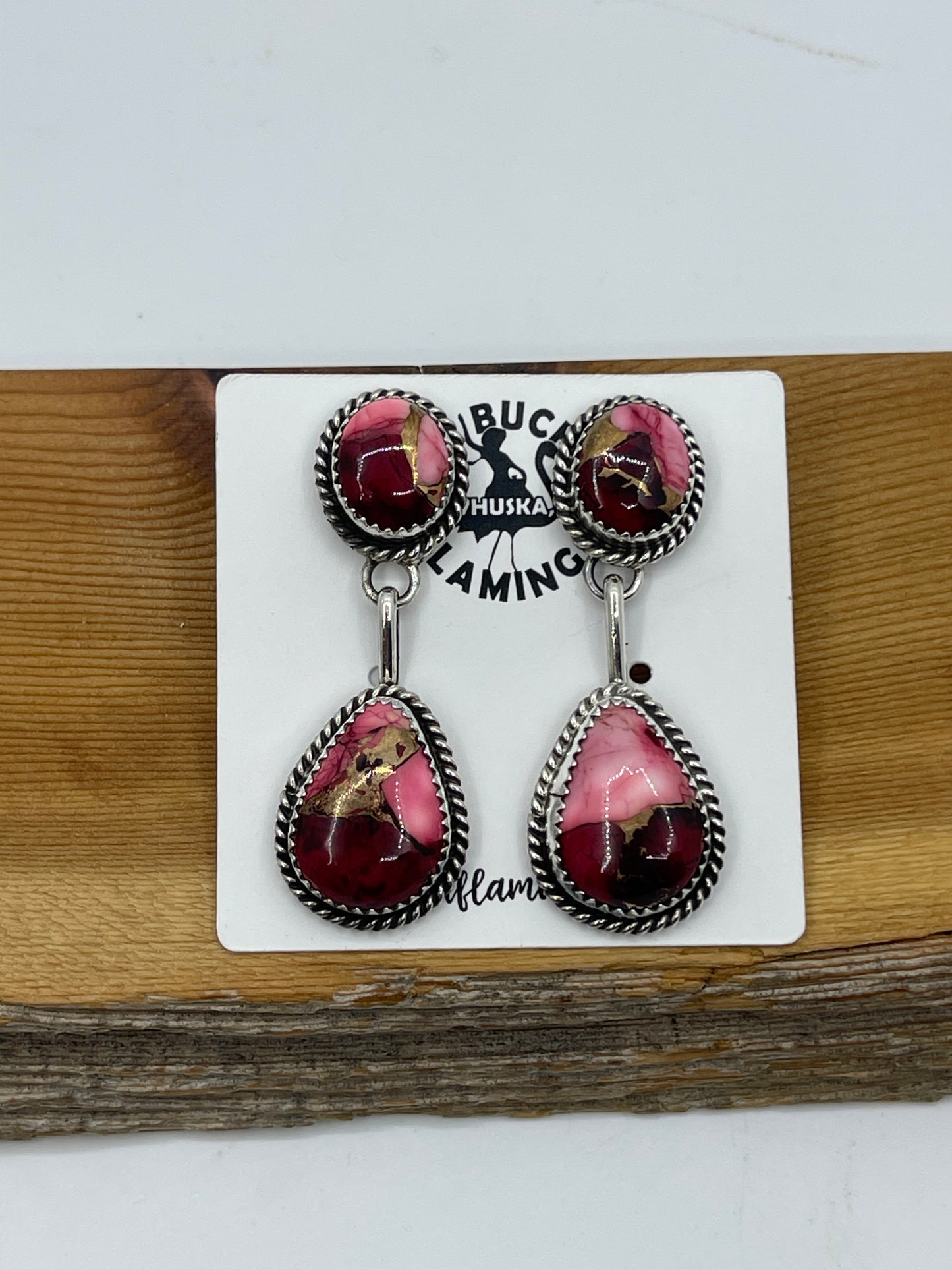 2 Stone Dahlia Rose Drop Post Dangle Earrings by Freda Martinez, Navajo