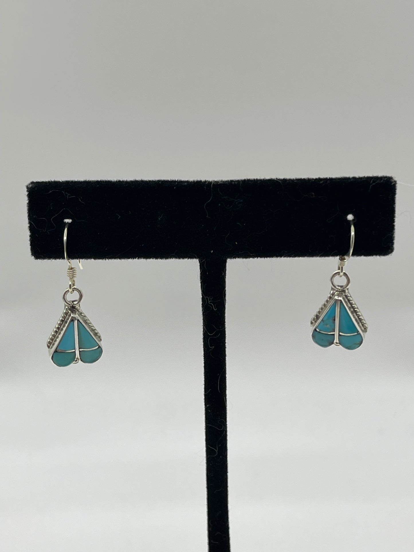 Turquoise Inlay Heart Dangle Earrings by Vaeida Nastacio, Zuni