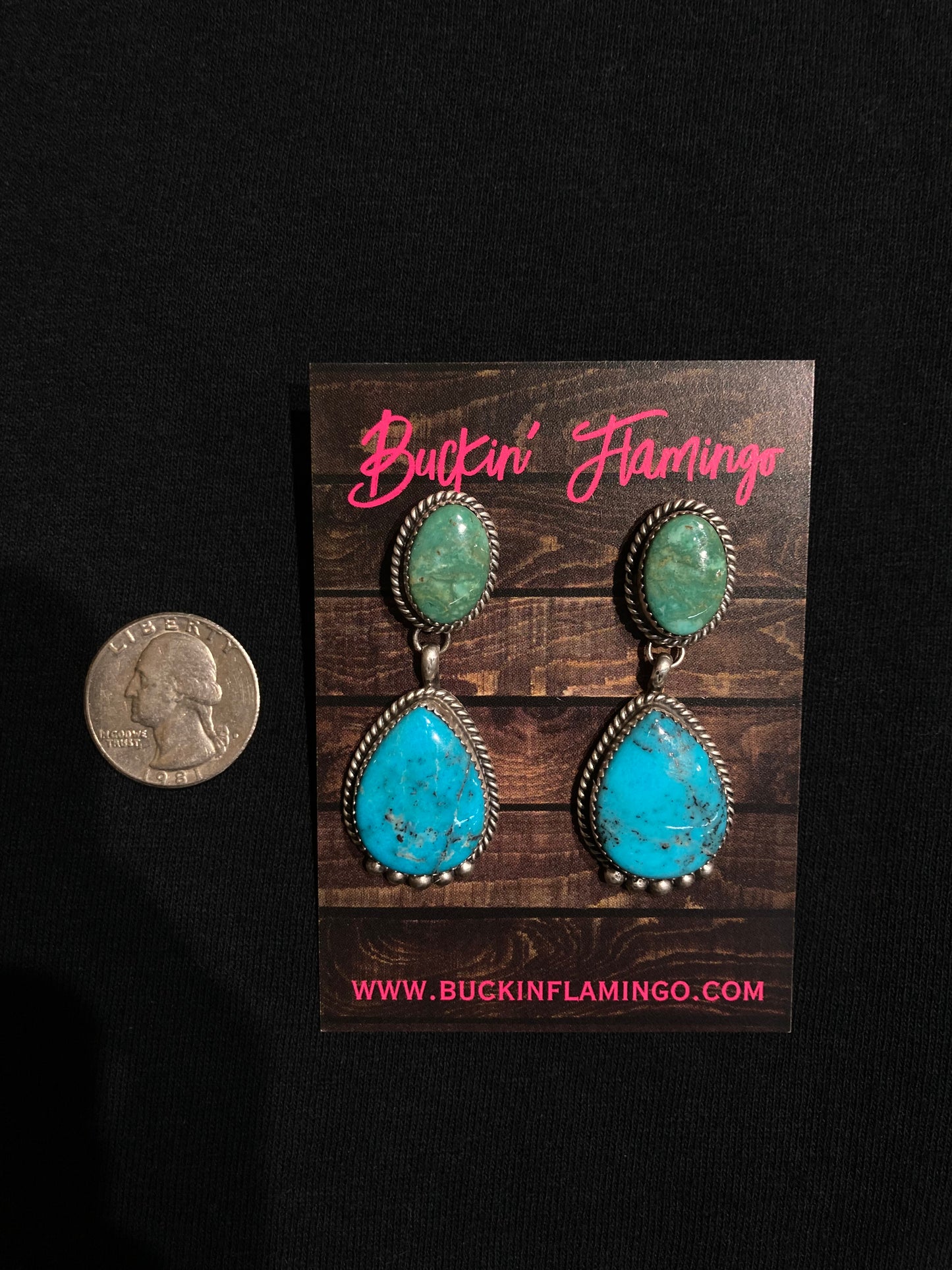 Green Blue Turquoise 2 Stone Dangle Post Earrings by Frannie Platero, Navajo