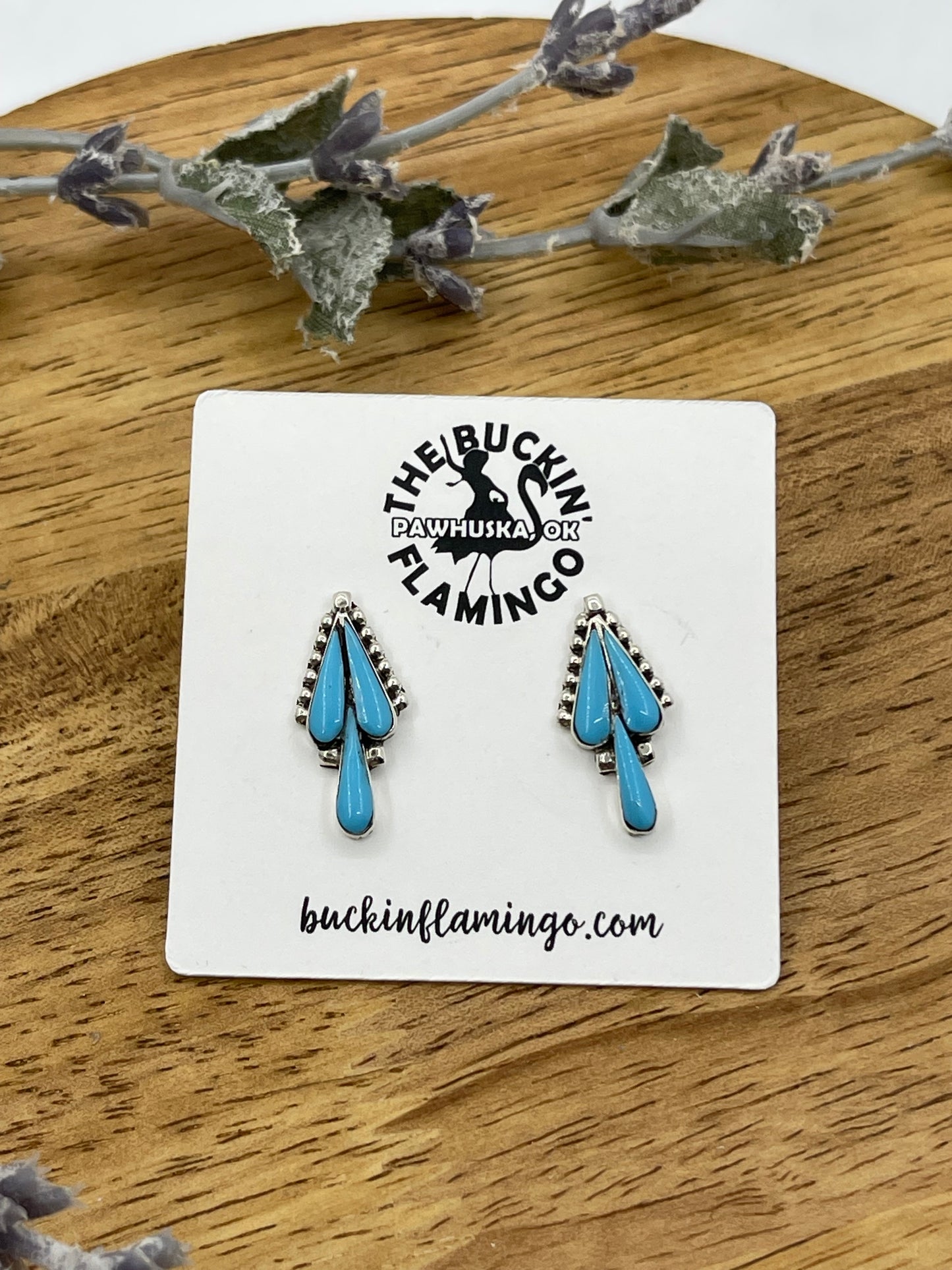 3 Stone Turquoise Teardrop Post Earrings by Vincent Hooee, Zuni