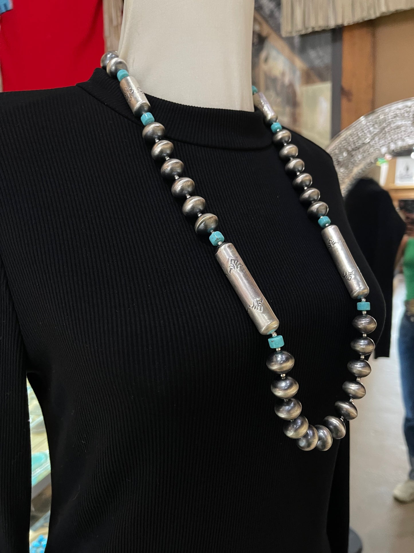 32" 15mm Handmade Navajo Pearl with Turquoise Necklace and Dangle Earrings Set by Sharon Cooley, Navajo