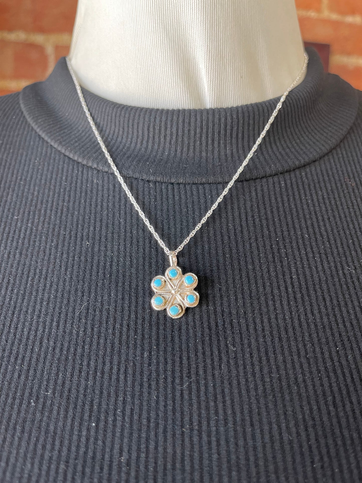 18" Herbert Lastiyano Zuni Turquoise Flower Pendant