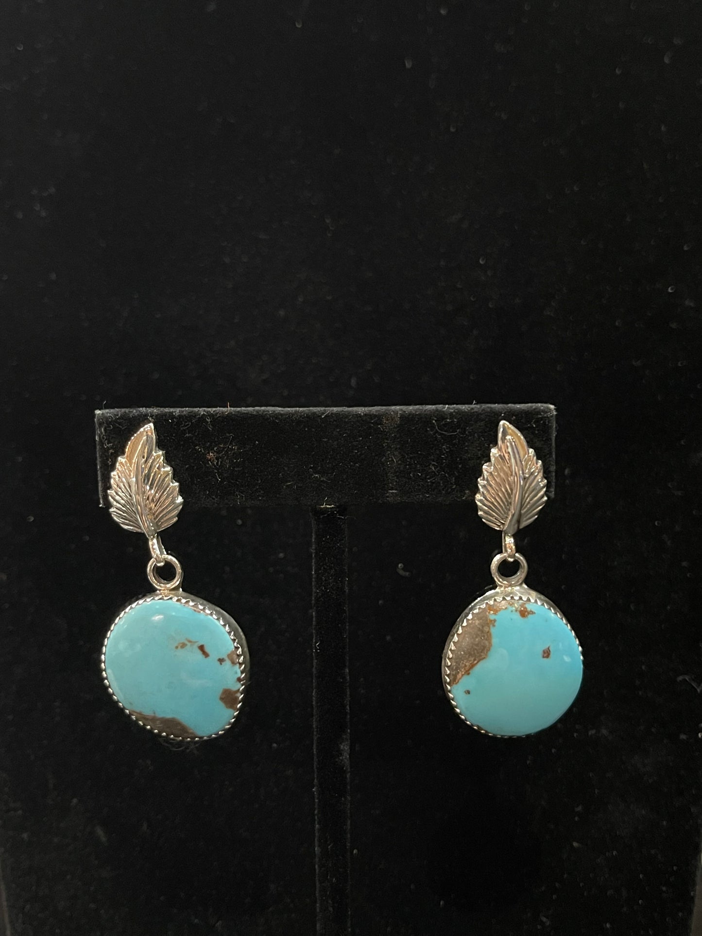 Kingman Turquoise Feather Post Dangle Earrings by Hiram Largo, Navajo